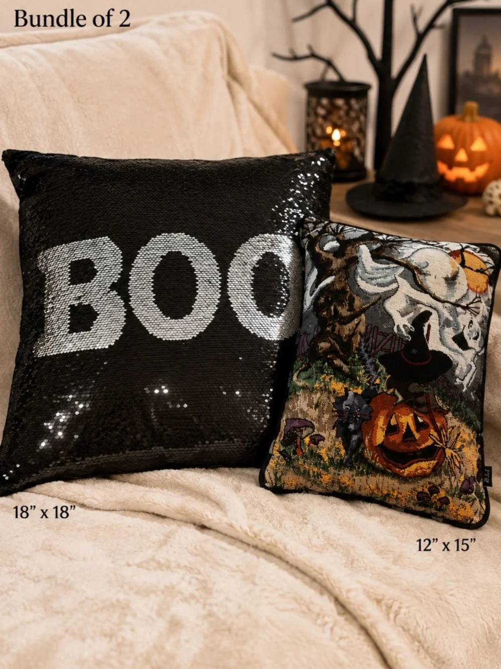 La France Home Halloween Pillow Bundle 2 BOO Sequin Ghost Pumpkin Spooky Decor